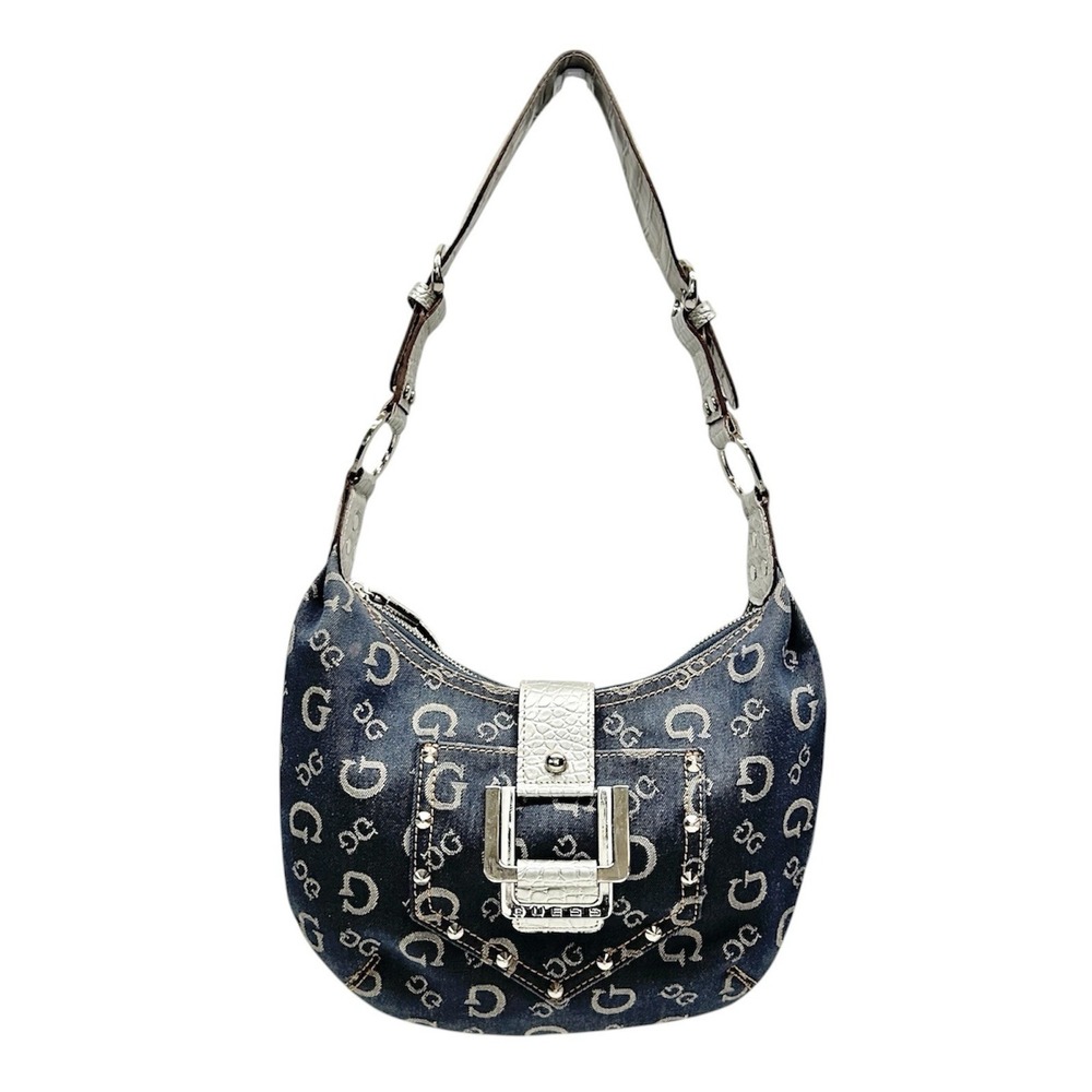 VTG GUESS Monogram Canvas Hobo Bag Y2K Blue Silver Studded Buckle Shoulder Purse